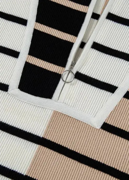 Striped half-zip sweater vest with soft stretch knit, by Trendsi, in black, white and beige with lightweight polyester