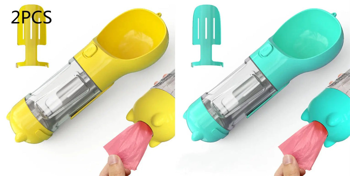 Dog water bottle feeder bowl with bag storage, 2-pack, portable yellow and teal