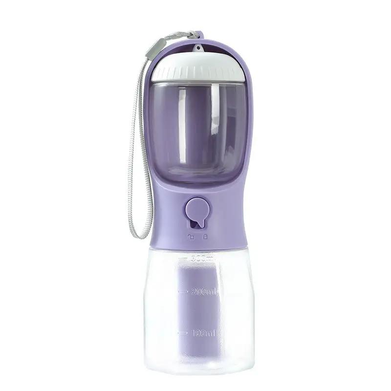 Dog water cup portable 3-in-1 drinking bottle by AdTec in purple with clear reservoir, handy strap for outdoor use