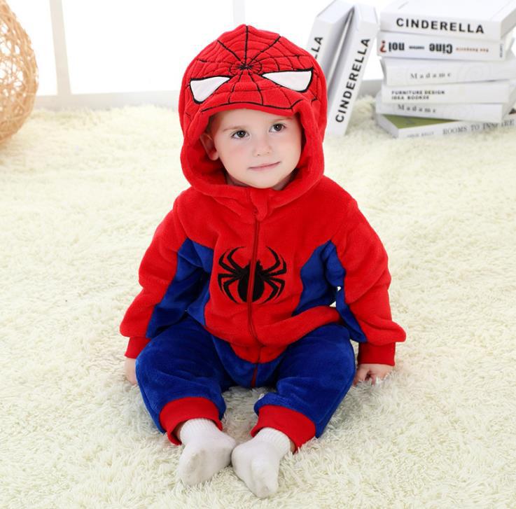 Baby animal jumpsuit red and blue fleece one-piece with hood and spider emblem