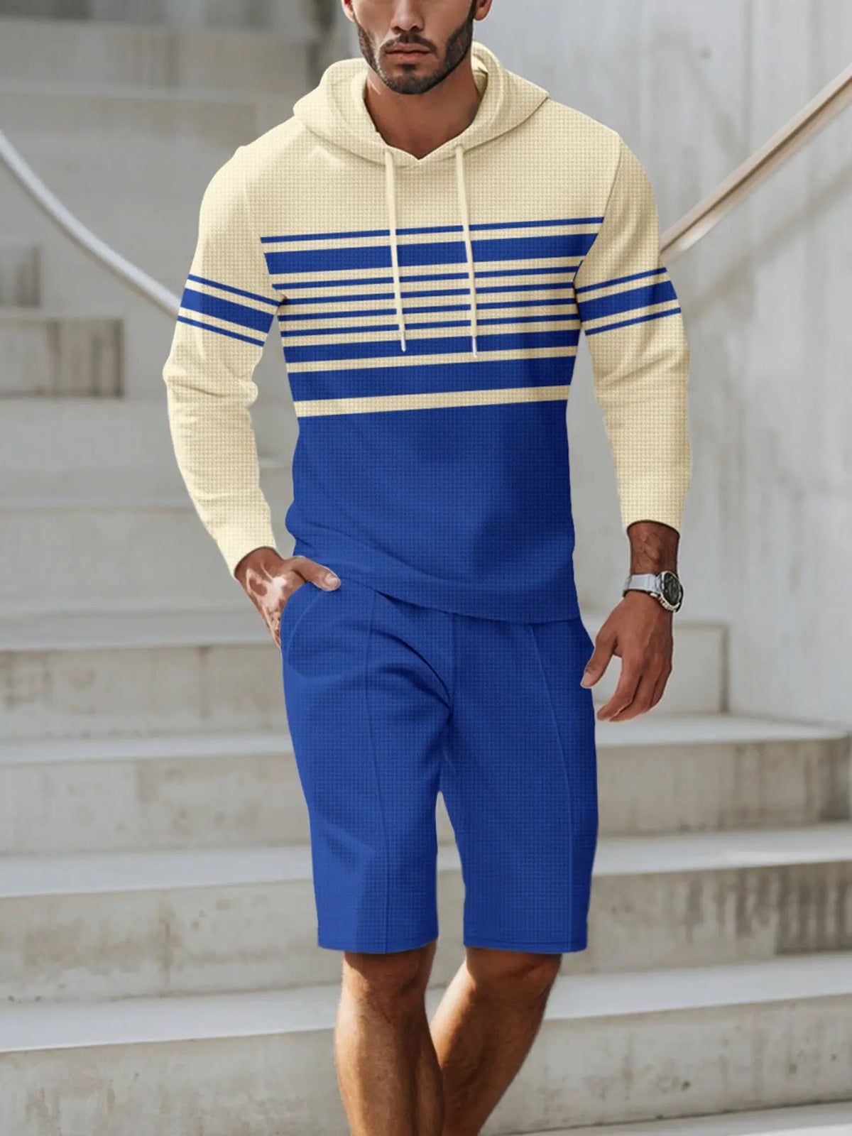 Men's striped hoodie and shorts loungewear set, cream and royal blue, 2-piece plus-size ensemble