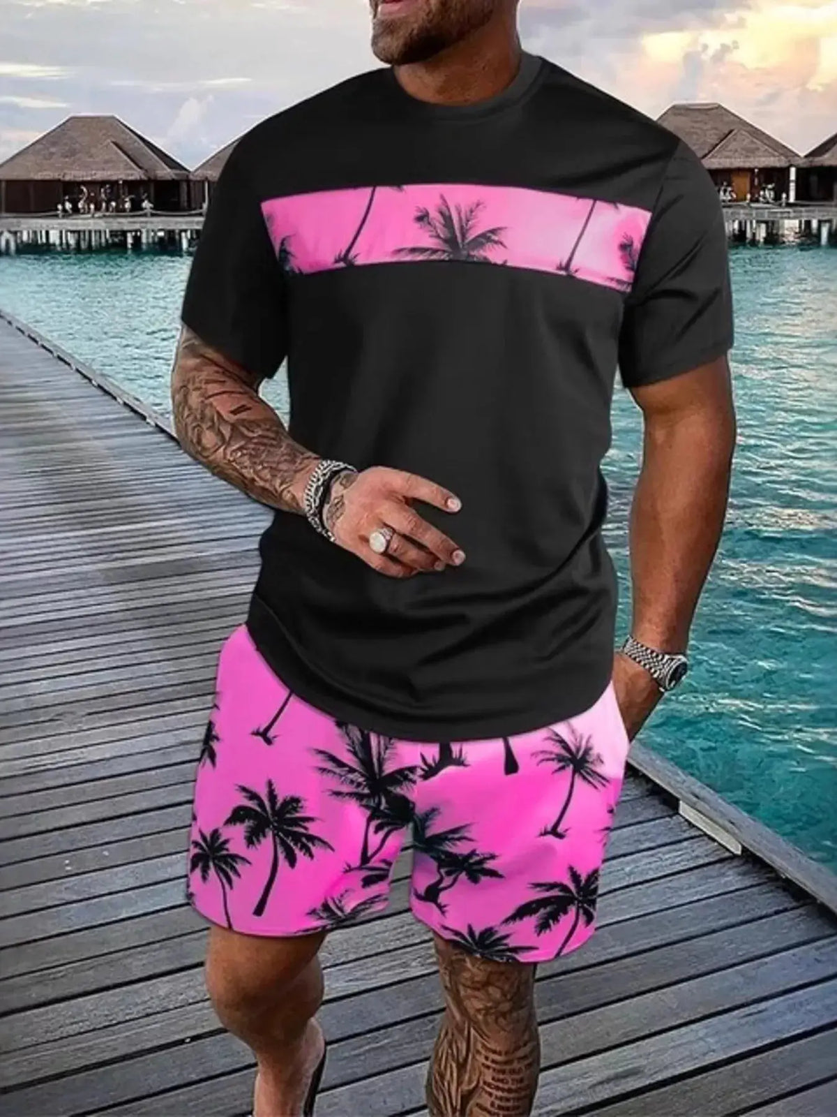 Mens Tropical Palm Tree Tee and Shorts Set, 2-piece black tee with pink palm stripe and pink palm-print shorts