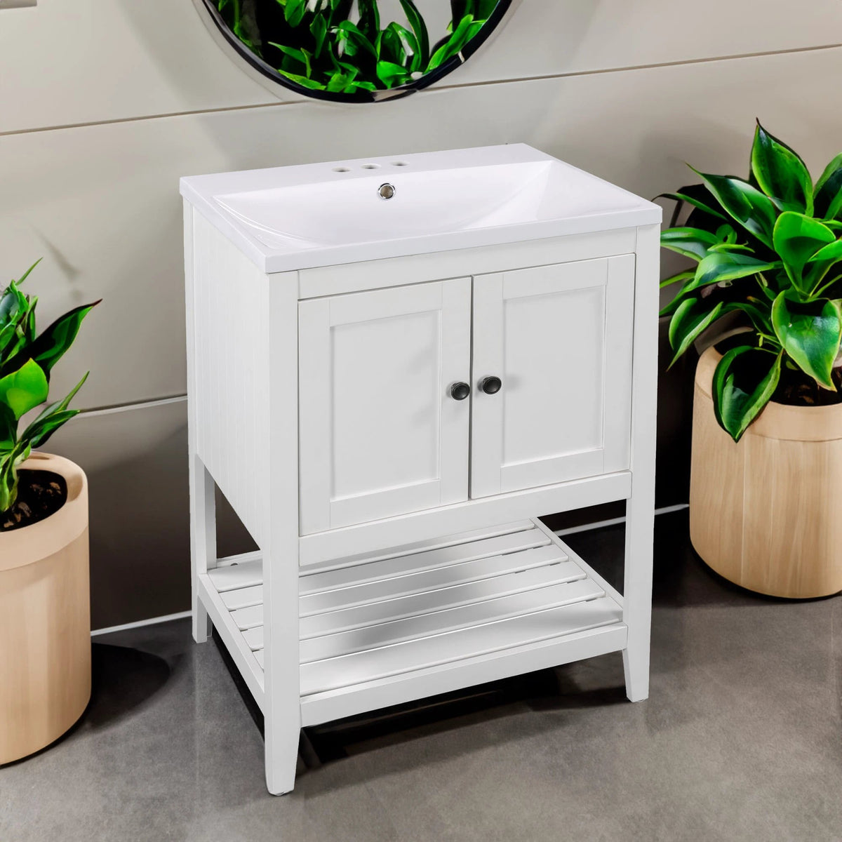 24" White Modern Sleek Bathroom Vanity Elegant Ceramic Sink with Solid Wood Frame Open Style Shelf by eprolo