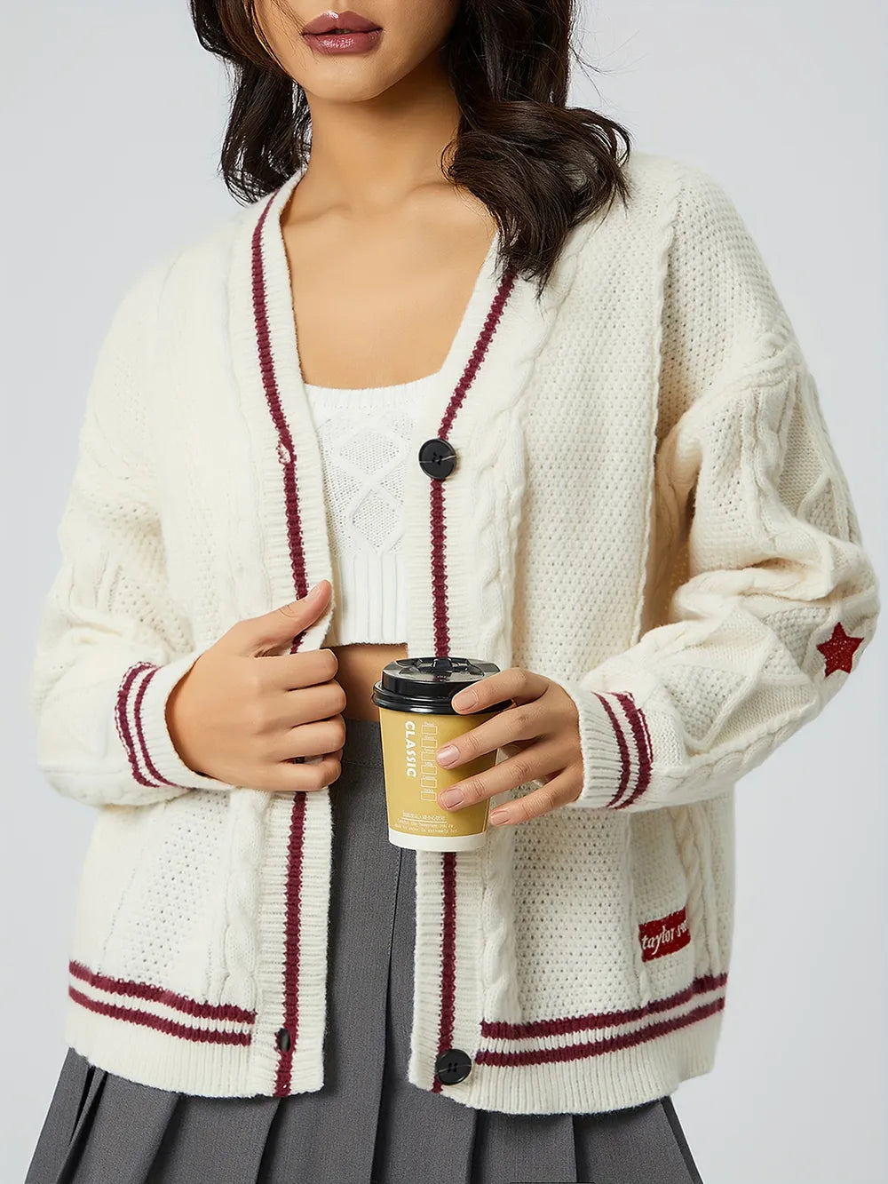 Womens Star-Embroidered V-Neck Knit Cardigan in white with burgundy trim