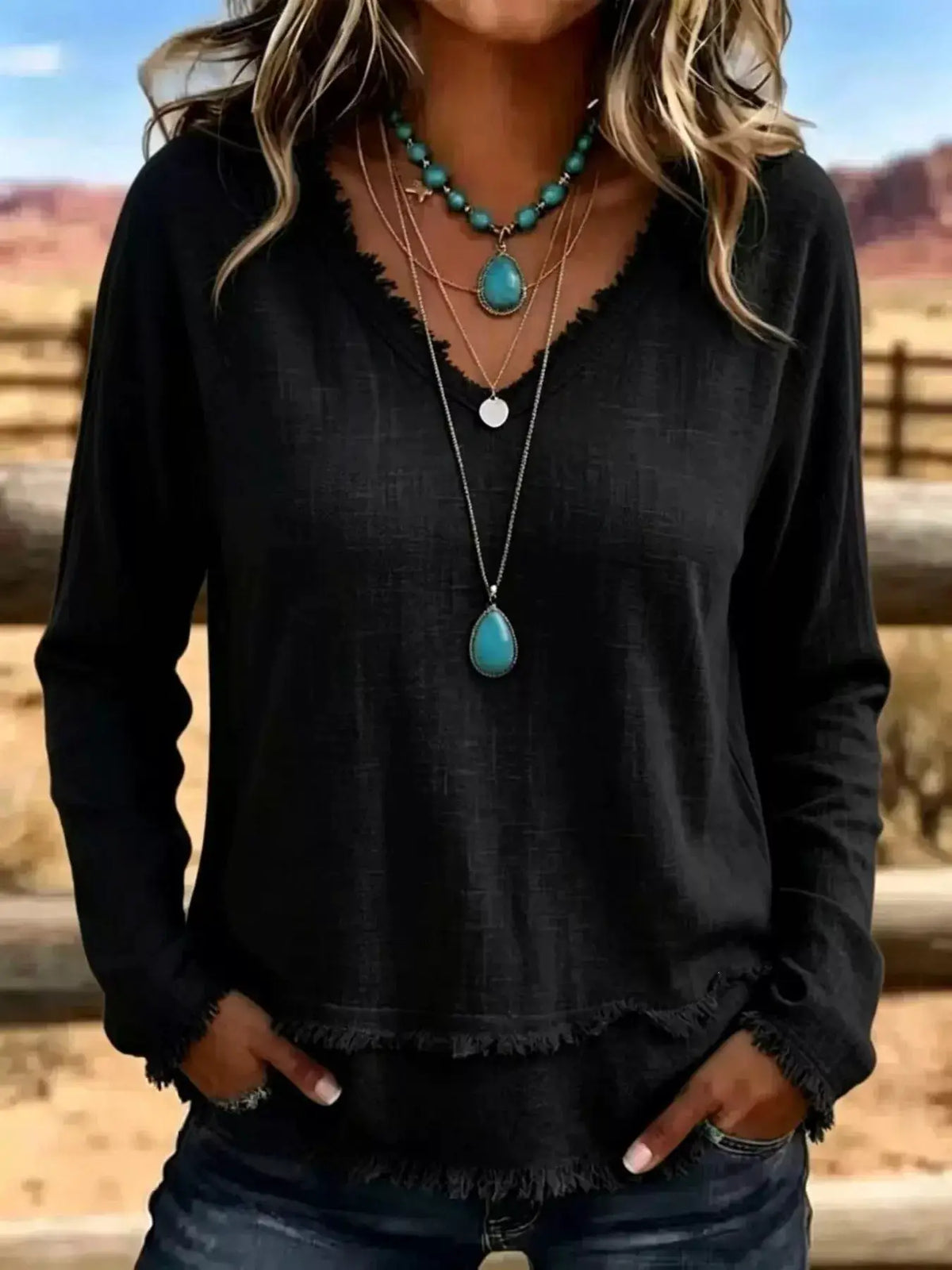 V-Neck Frayed-Hem Long Sleeve T-Shirt in black by Trendsi
