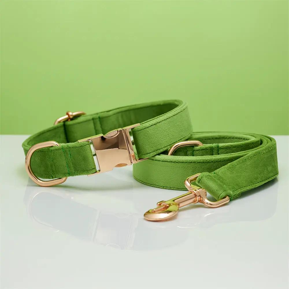 Dog collar and leash set by AdTec in green velvet with rose-gold hardware