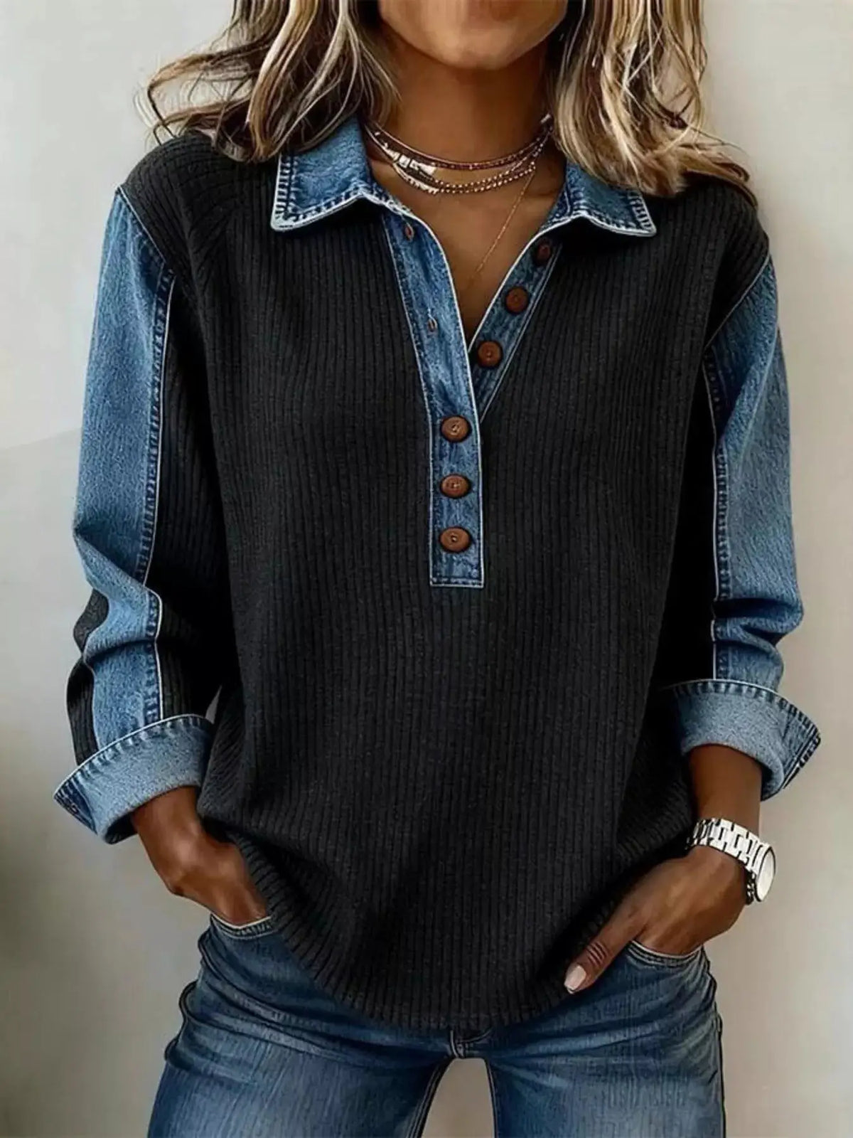 Denim Trim Button Detail Sweatshirt by Trendsi, black ribbed knit with blue denim collar and placket.