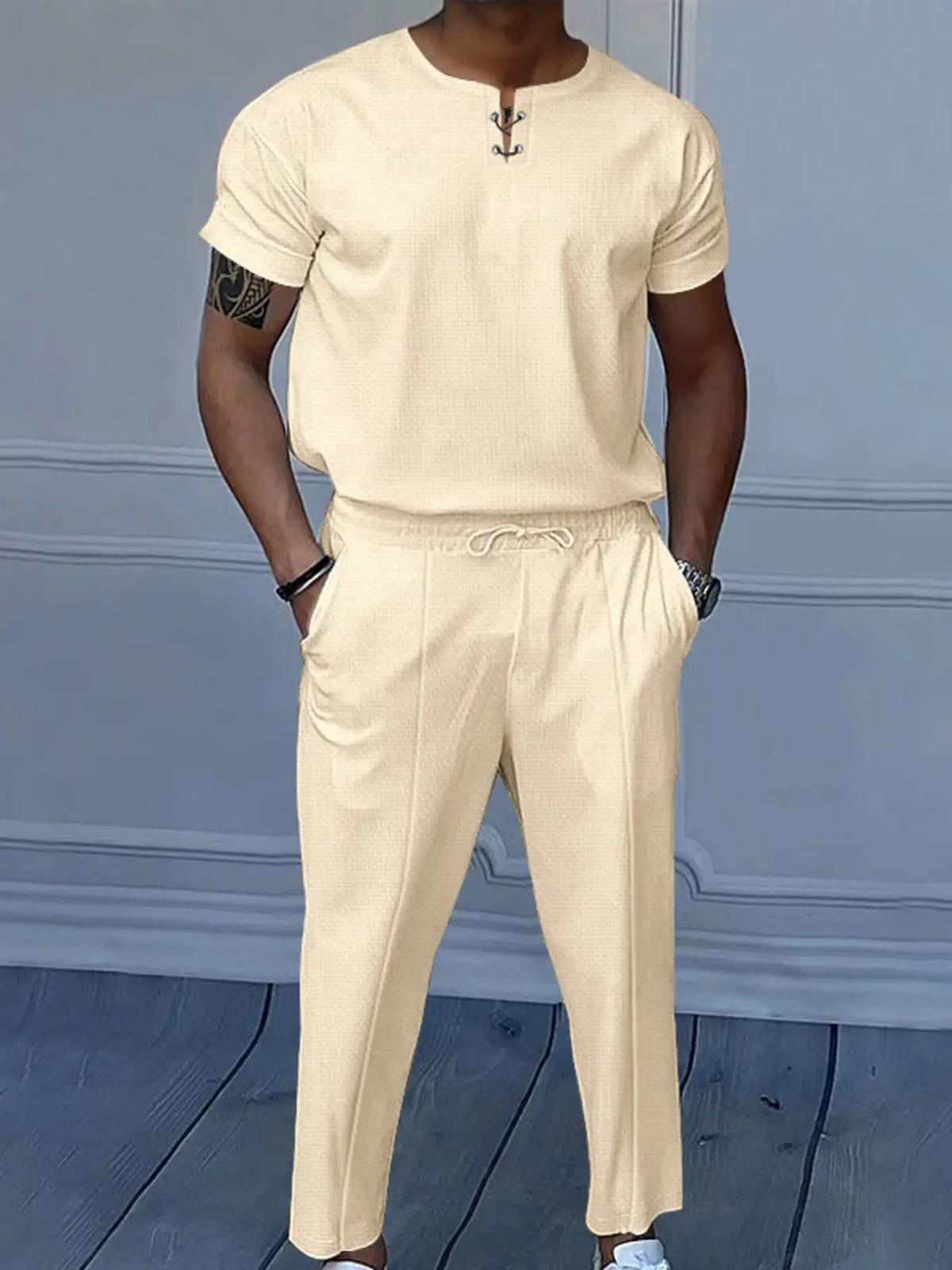 Men's casual two-piece plus-size beige short-sleeve top and drawstring pants set