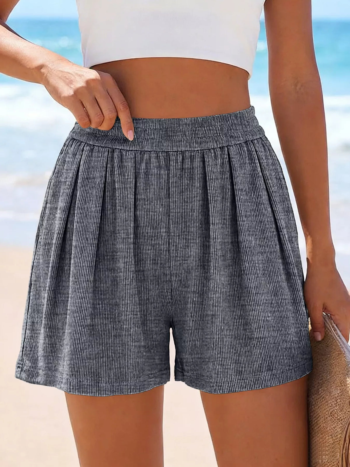 High-Waisted Shorts by Trendsi; gray ribbed fabric, casual short trousers.