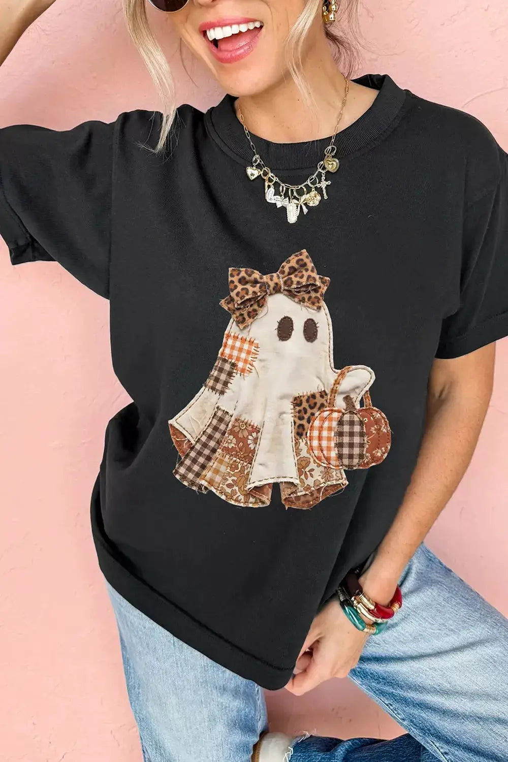 T-shirt plus-size black Halloween ghost-applique with patchwork fabrics and a leopard bow