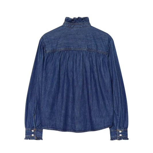 Casual denim shirt back view in dark blue with a high gathered collar and long sleeves with button cuffs.
