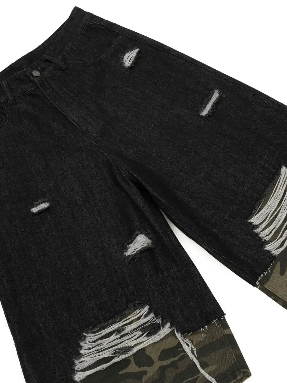 Men's distressed black cotton denim Bermuda shorts with camo trim and ripped details