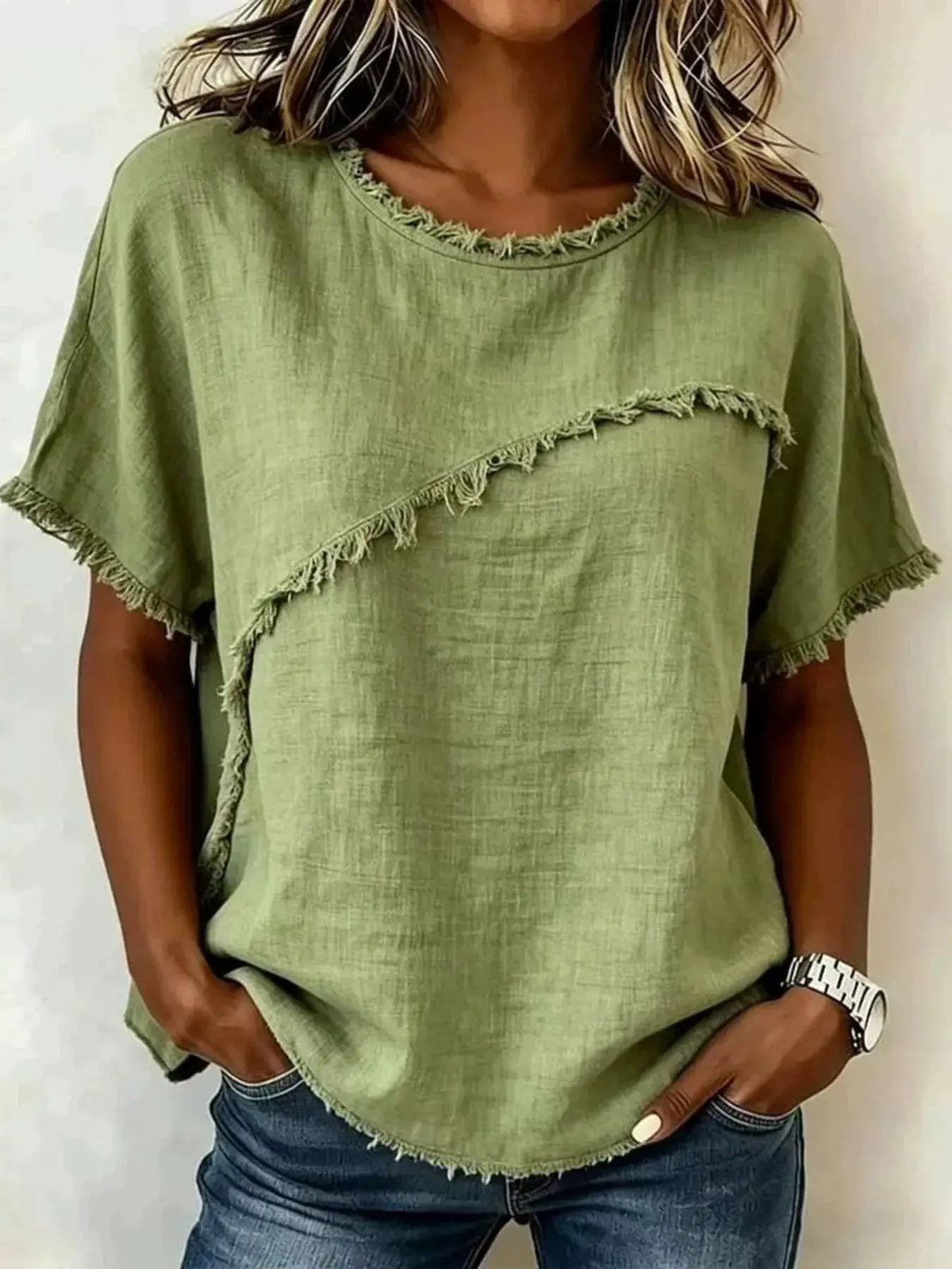 Frayed-hem short-sleeve top in sage green, plus-size, by Trendsi