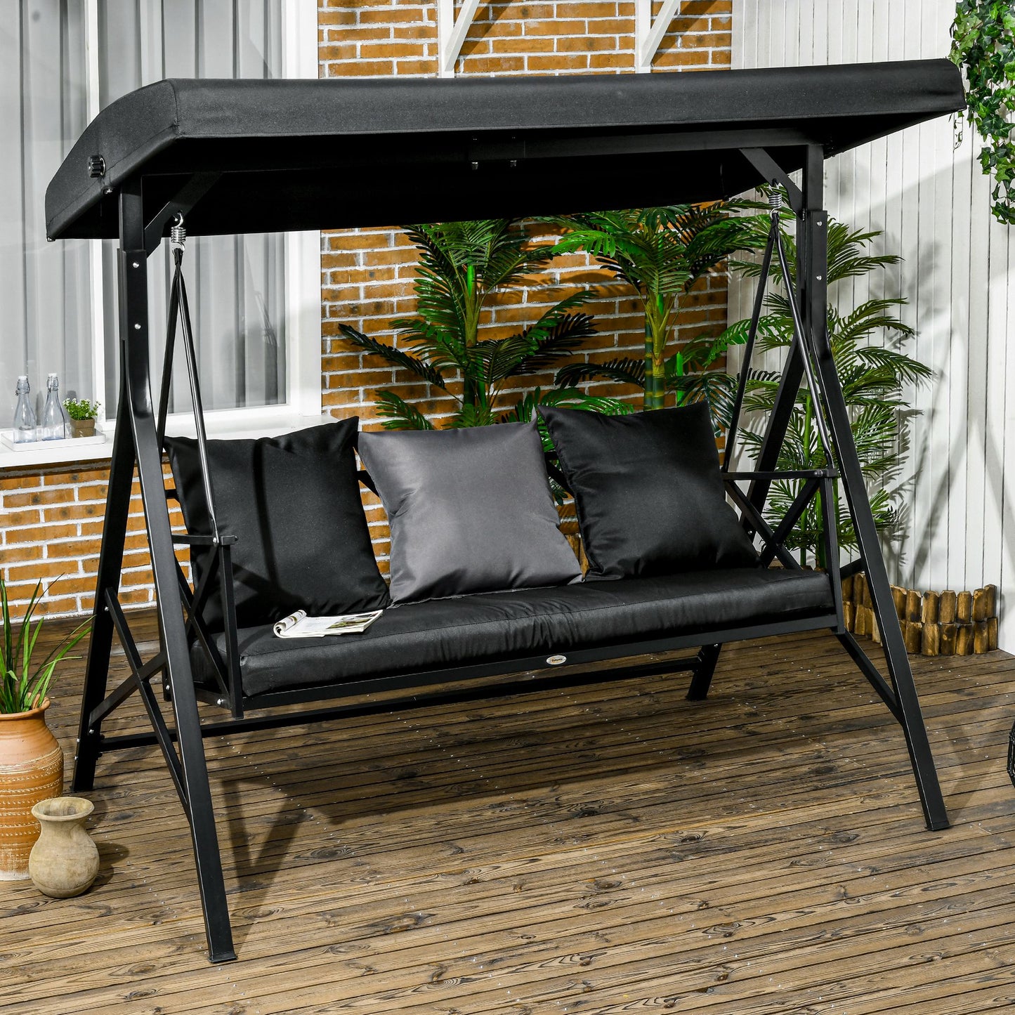 3-Seat Patio Swing Chair, Porch Swing Glider with Cushion