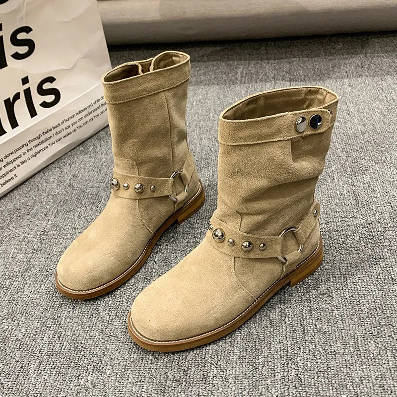 Trendsi studded suede mid-calf harness boots, tan with metal studs and rings