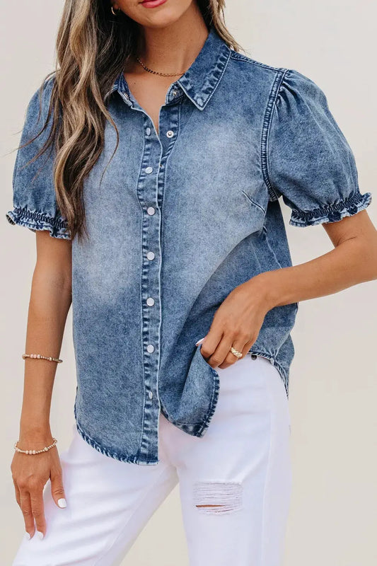 Girls frilled short-sleeve denim shirt with snap buttons, light wash, puff sleeves