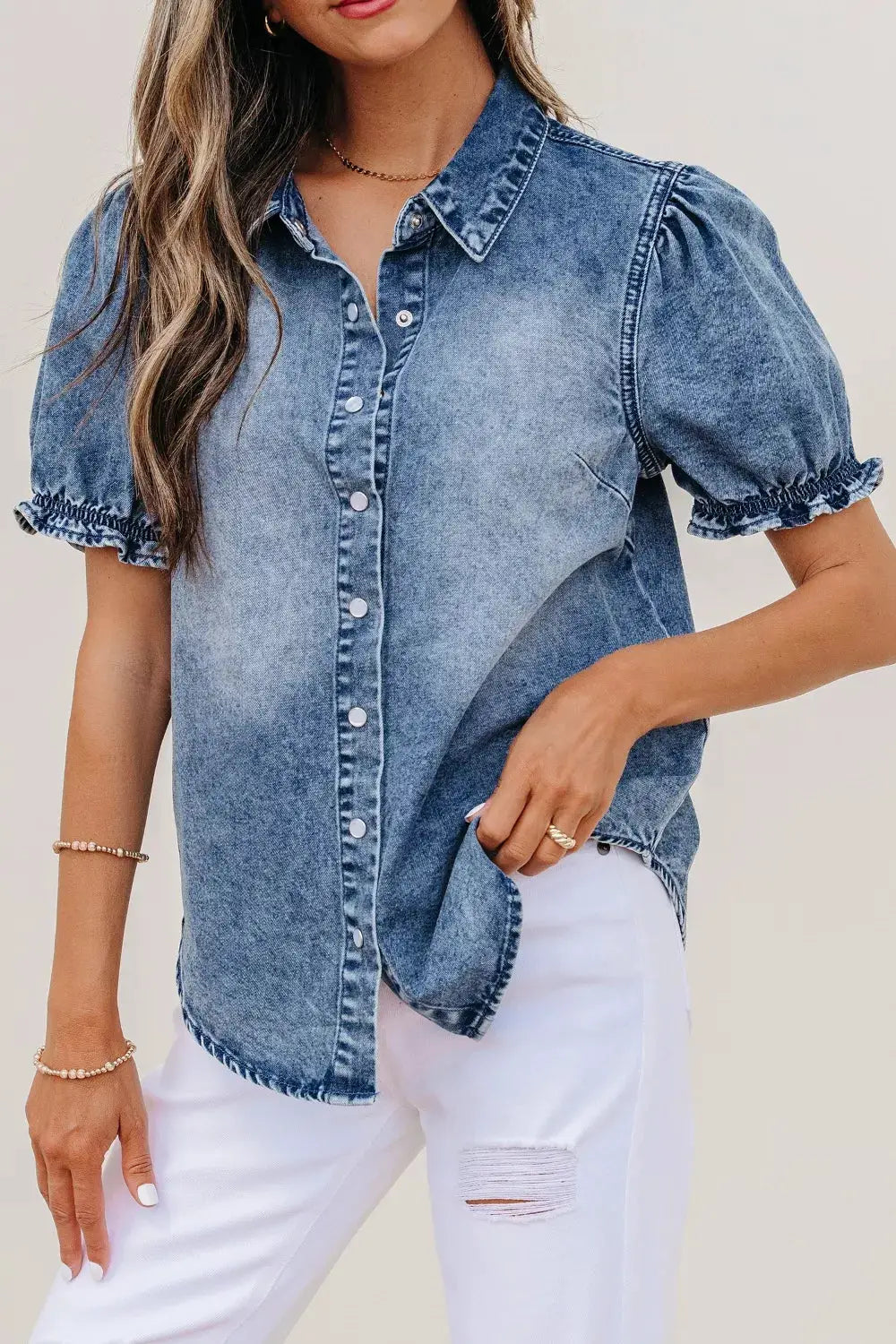 Girls frilled short-sleeve denim shirt with snap buttons, light wash, puff sleeves