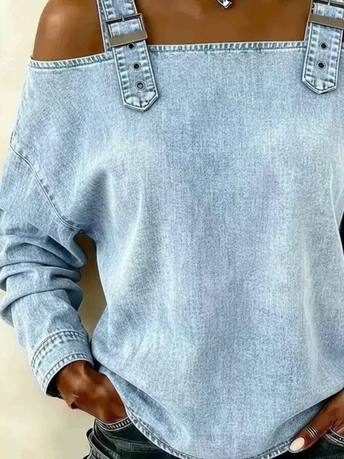 Plus-size long-sleeve denim top with adjustable buckle straps, light blue denim, Trendsi