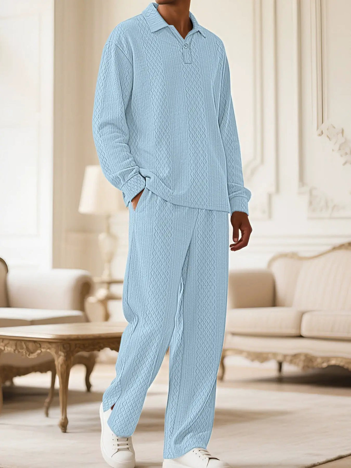Men's plus-size textured knit long-sleeve top and pants set in light blue with pockets