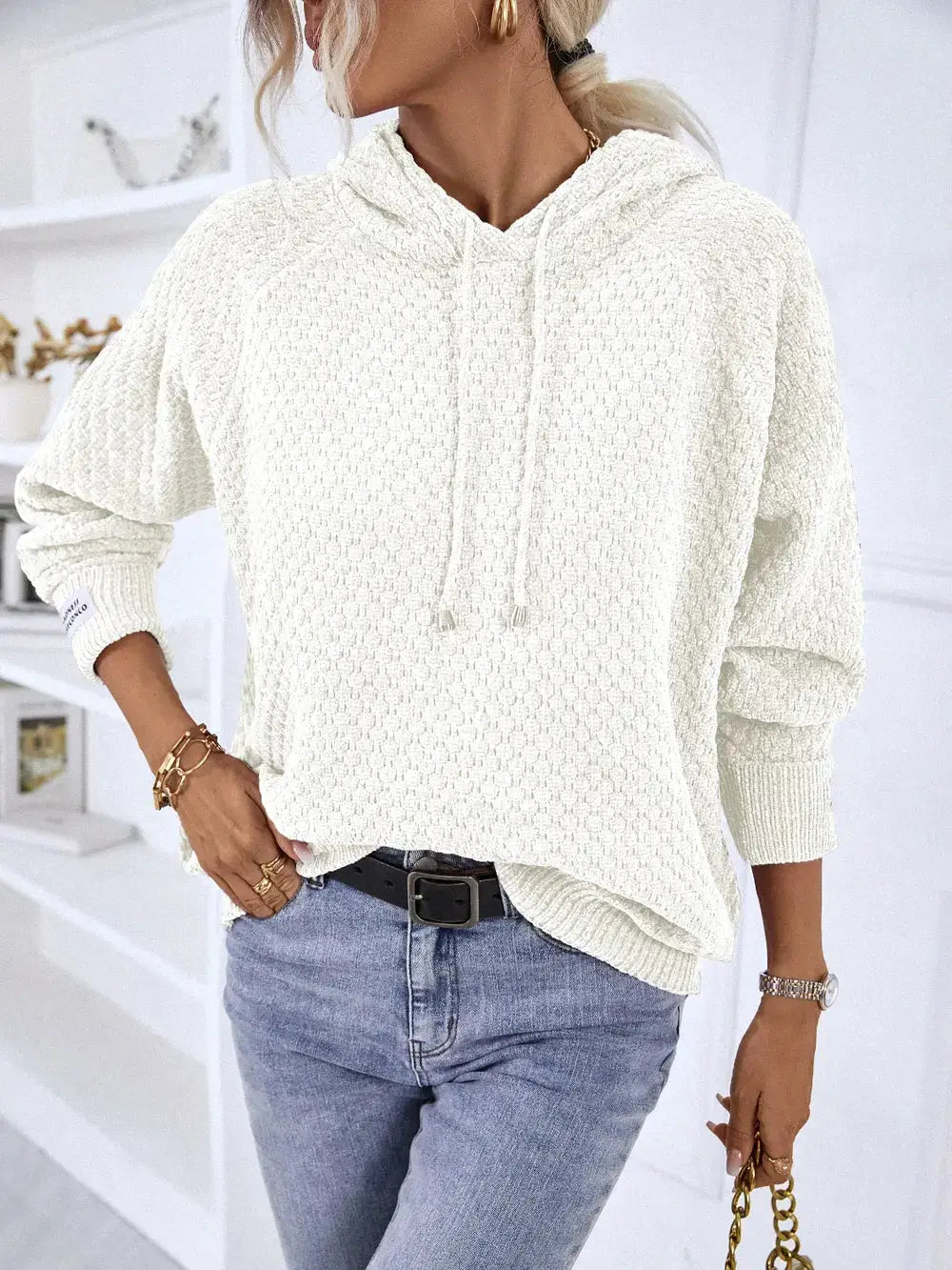 Textured drawstring hoodie sweater by Trendsi in white premium polyester