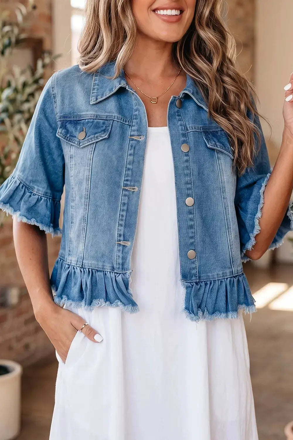 Womens Ruffle Hem Raw Edge Half Sleeve Western Denim Jacket by Trendsi in light blue denim