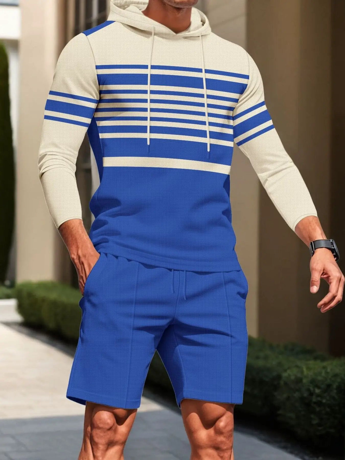 Men's striped hoodie and shorts loungewear set in blue and beige, plus size, Trendsi