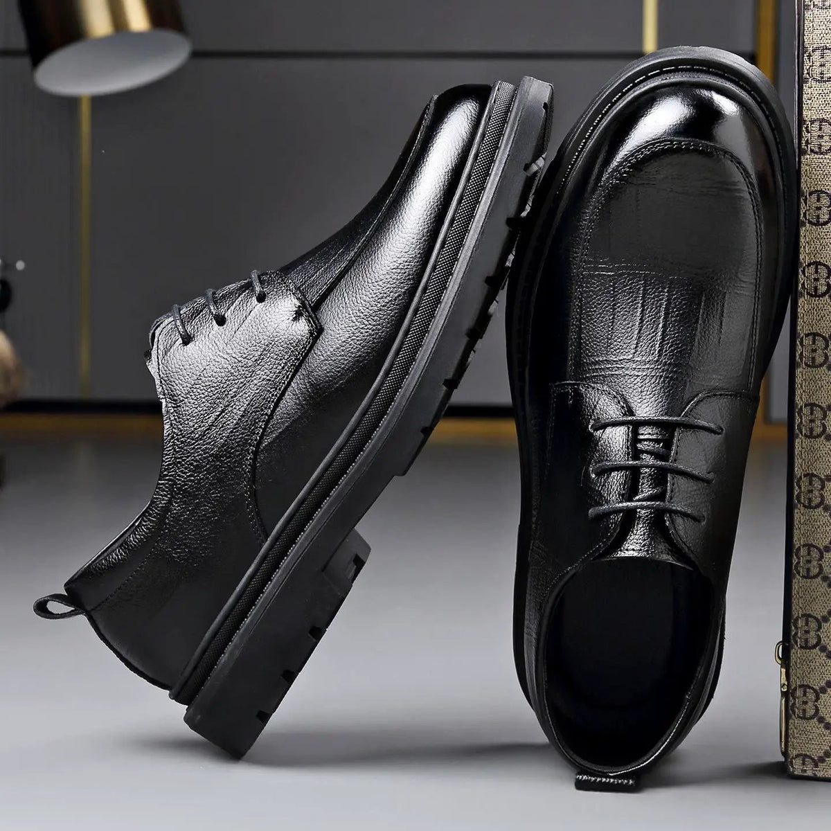 Men's black leather dress shoes by AdTec, pair with lace-up Oxford style and rugged sole