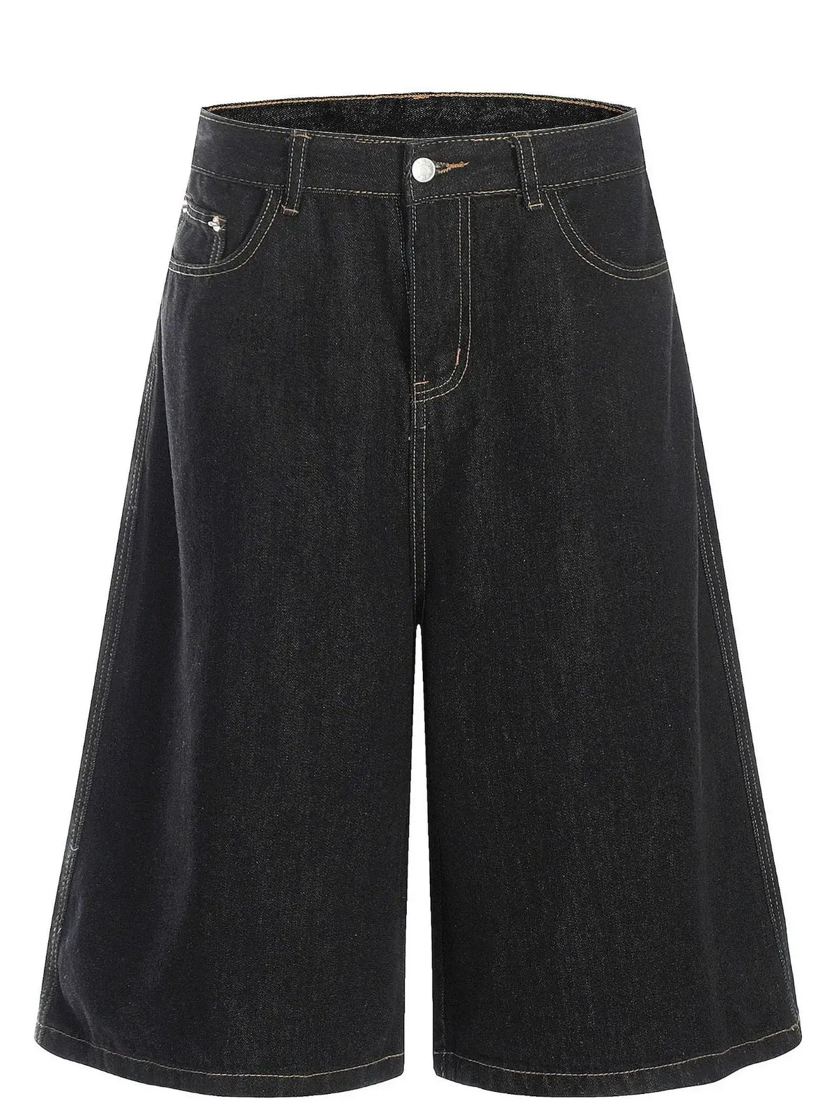 Oversized men's wide-leg denim shorts, 100% cotton, dark indigo with contrast stitching