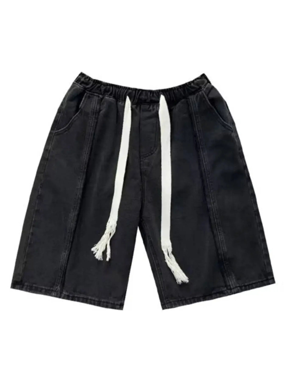Men's plus-size washed denim shorts with stretch drawstring waist and front pockets, black