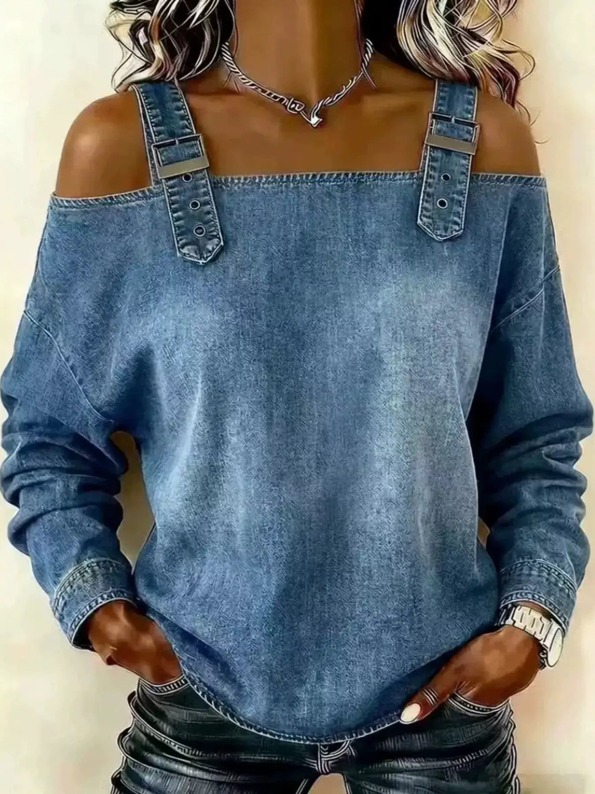 Plus Size Long Sleeve Denim Top with Adjustable Buckle Straps, off-shoulder blue denim