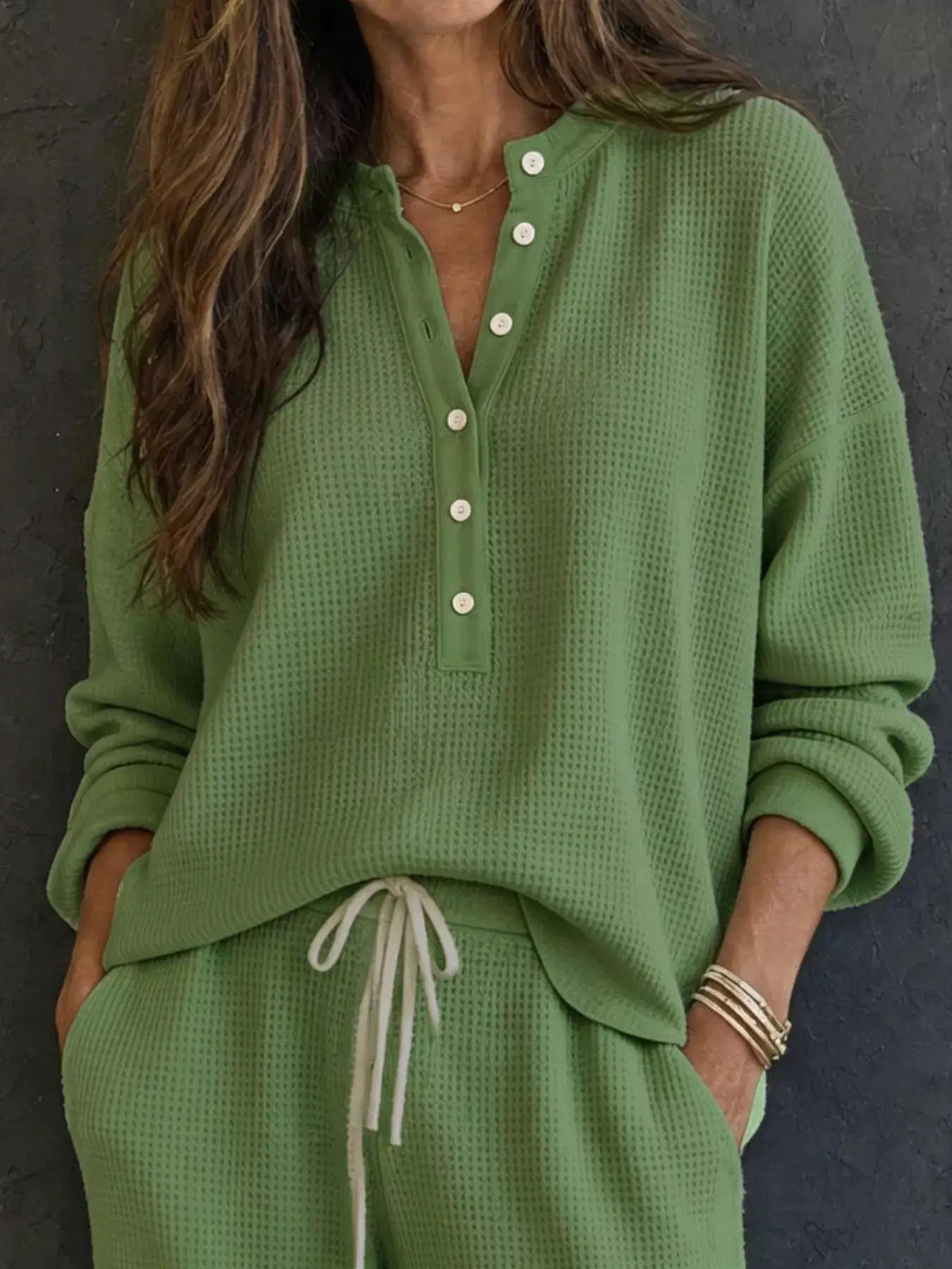 Trendsi waffle-knit Henley top and wide-leg pants set in green with white buttons
