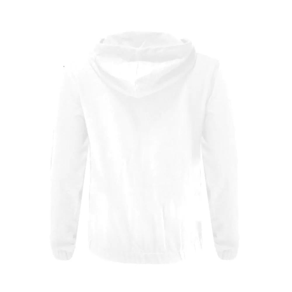 Mens white hooded sweatshirt, relaxed fit, back view