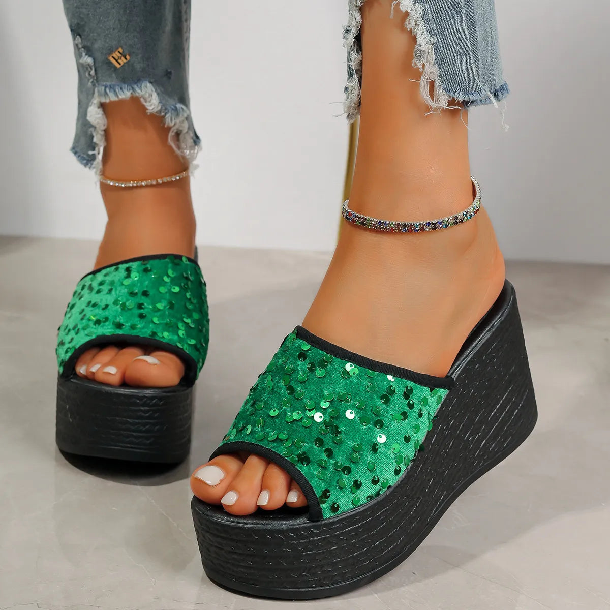 Rhinestone peep-toe wedge sandals by Trendsi in green sequined strap