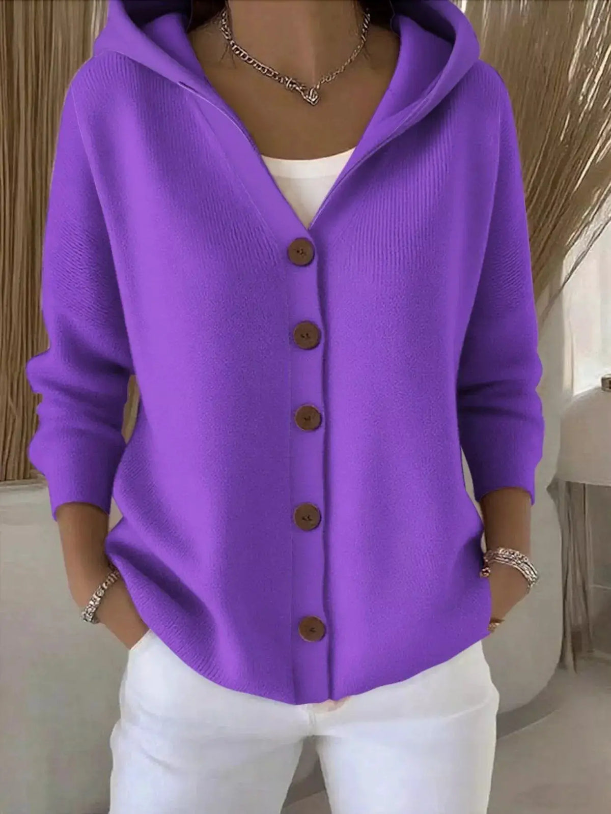 Plus Size Hooded Button-Front Soft Knit Cardigan for Women in purple by Trendsi