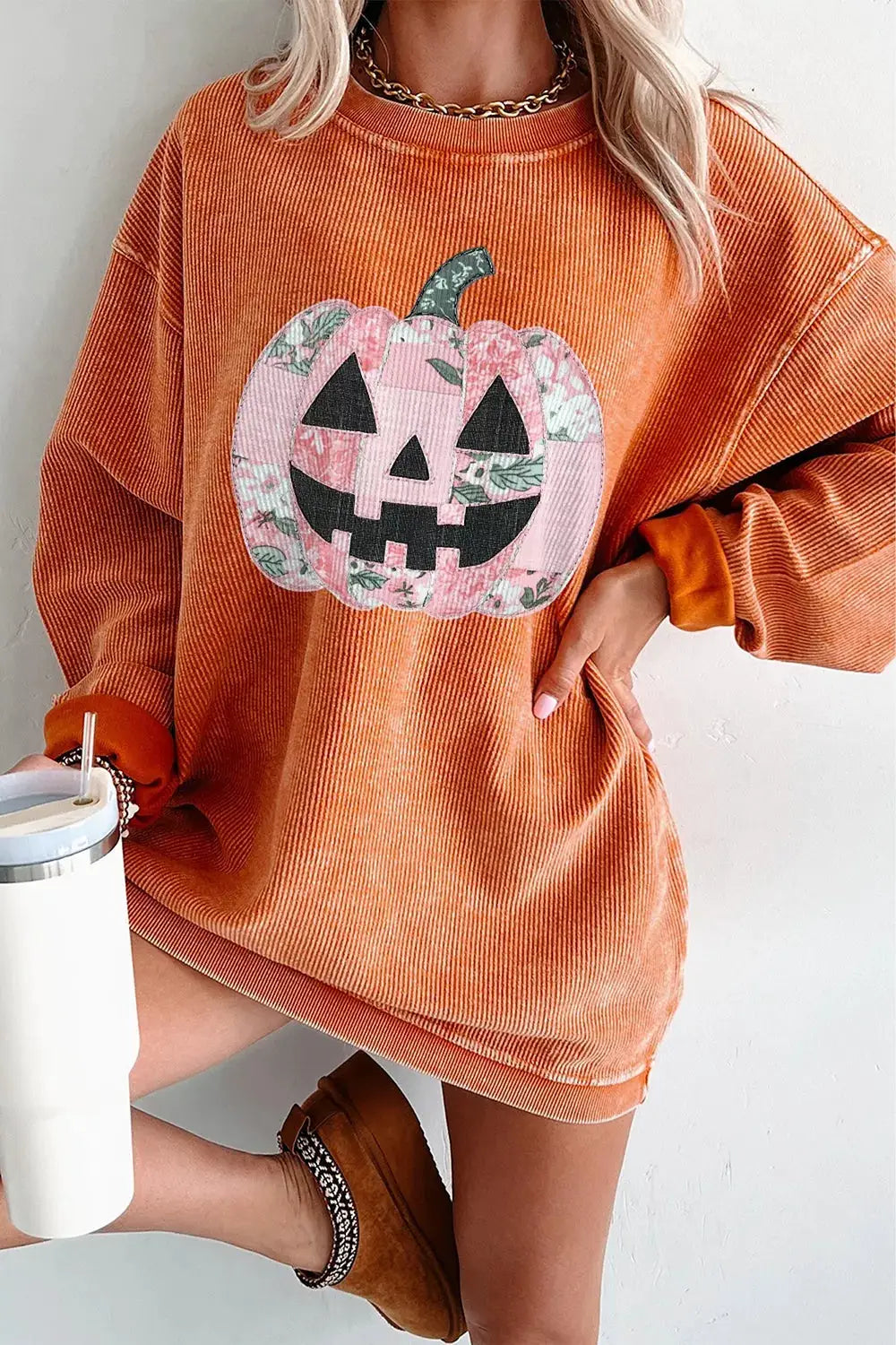 Patchwork Pumpkin Graphic Corded Ribbed Round-Neck Tunic Sweatshirt in orange