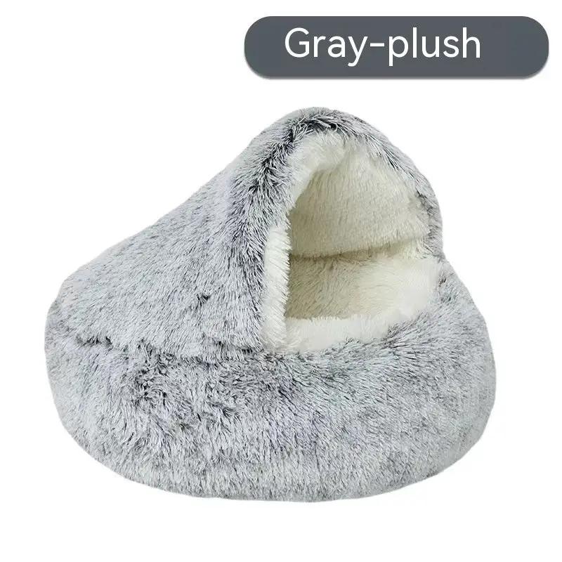 Semi-closed cat bed in gray plush with shell nest design