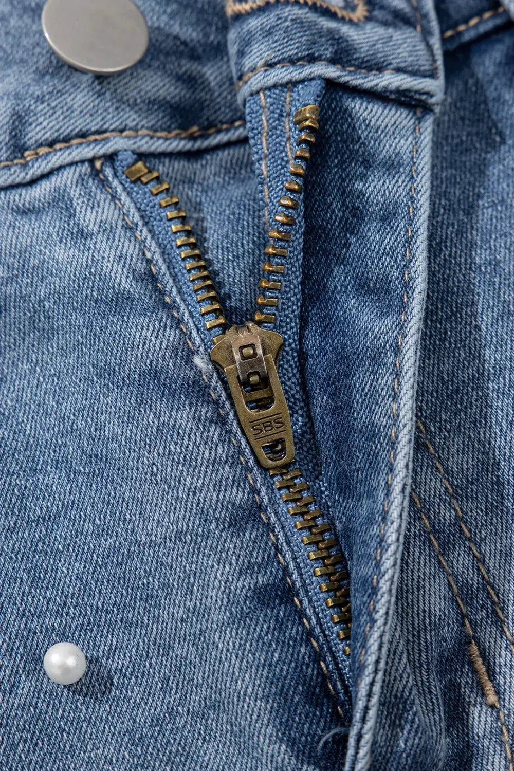 Classic Pearl Beaded Raw Hem Washed Cotton Blend Denim Shorts with pearl accents and brass zipper