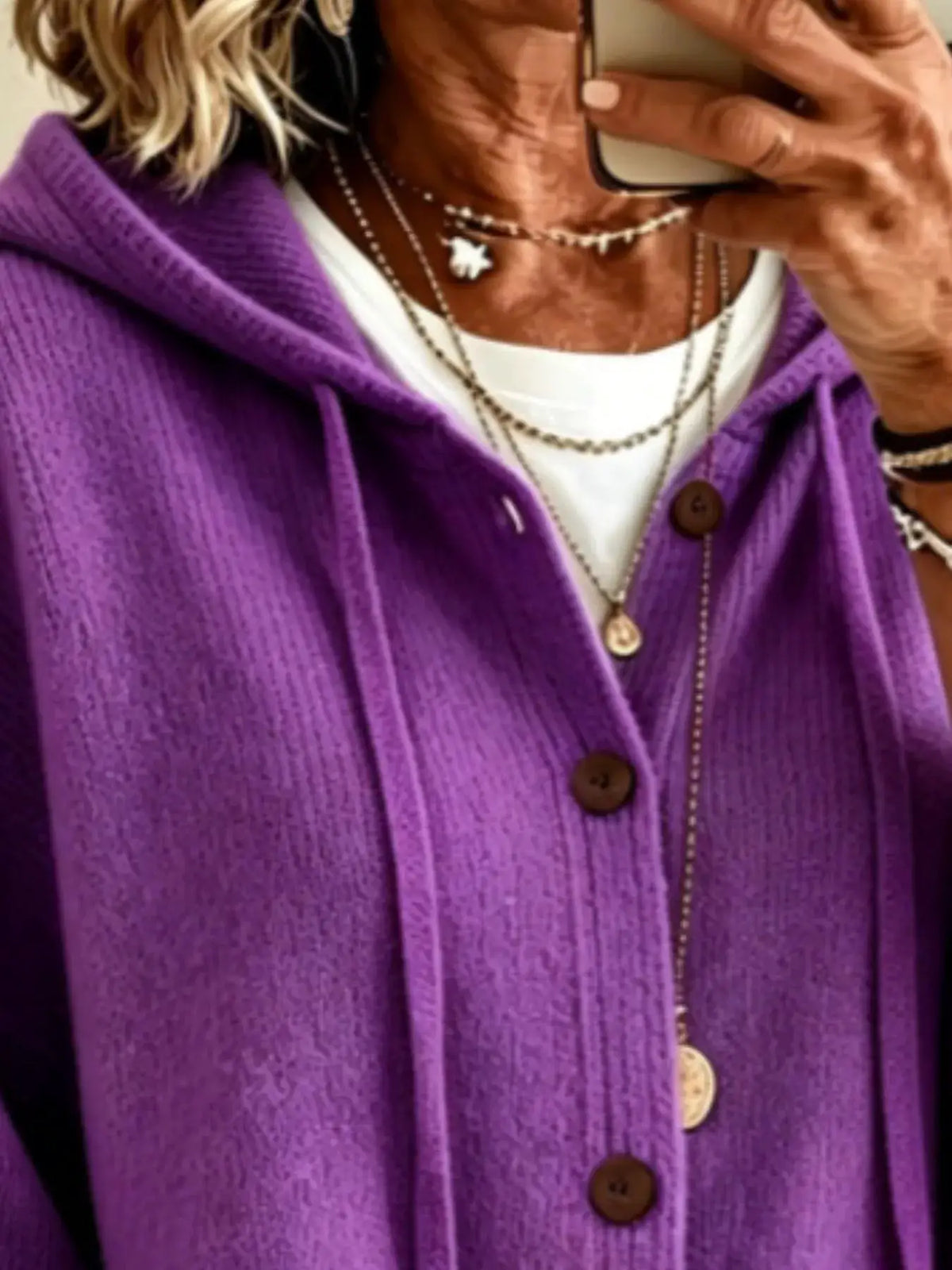 Full Size Casual Hooded Button-Down Knit Cardigan, purple knit with brown buttons over a white tee and layered necklaces