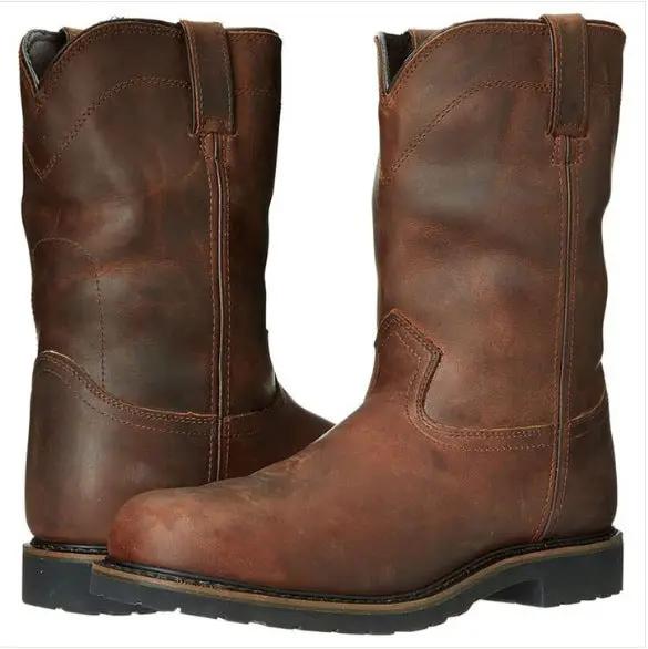 Boots: AdTec retro brown men's casual leather boots with low heel, pair