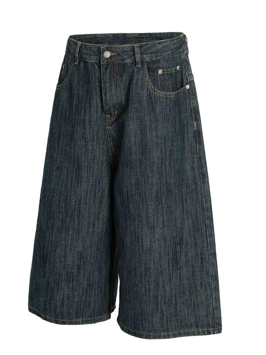 Mens Relaxed Fit Denim Shorts in dark blue cotton blend with front pockets for casual summer wear