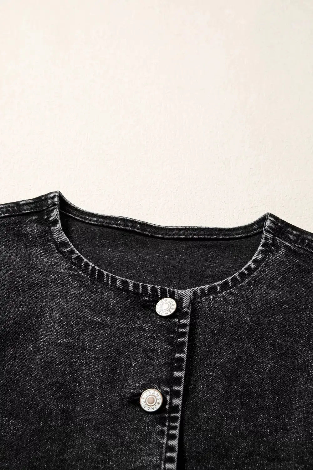 Vintage-wash black cotton denim vest with silver metal buttons