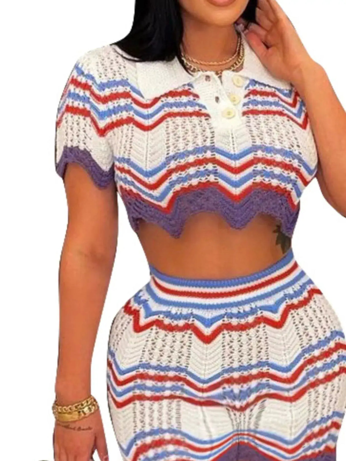 Textured knit two-piece set for women with zigzag crochet; cropped white top with red/blue stripes, purple-hem skirt