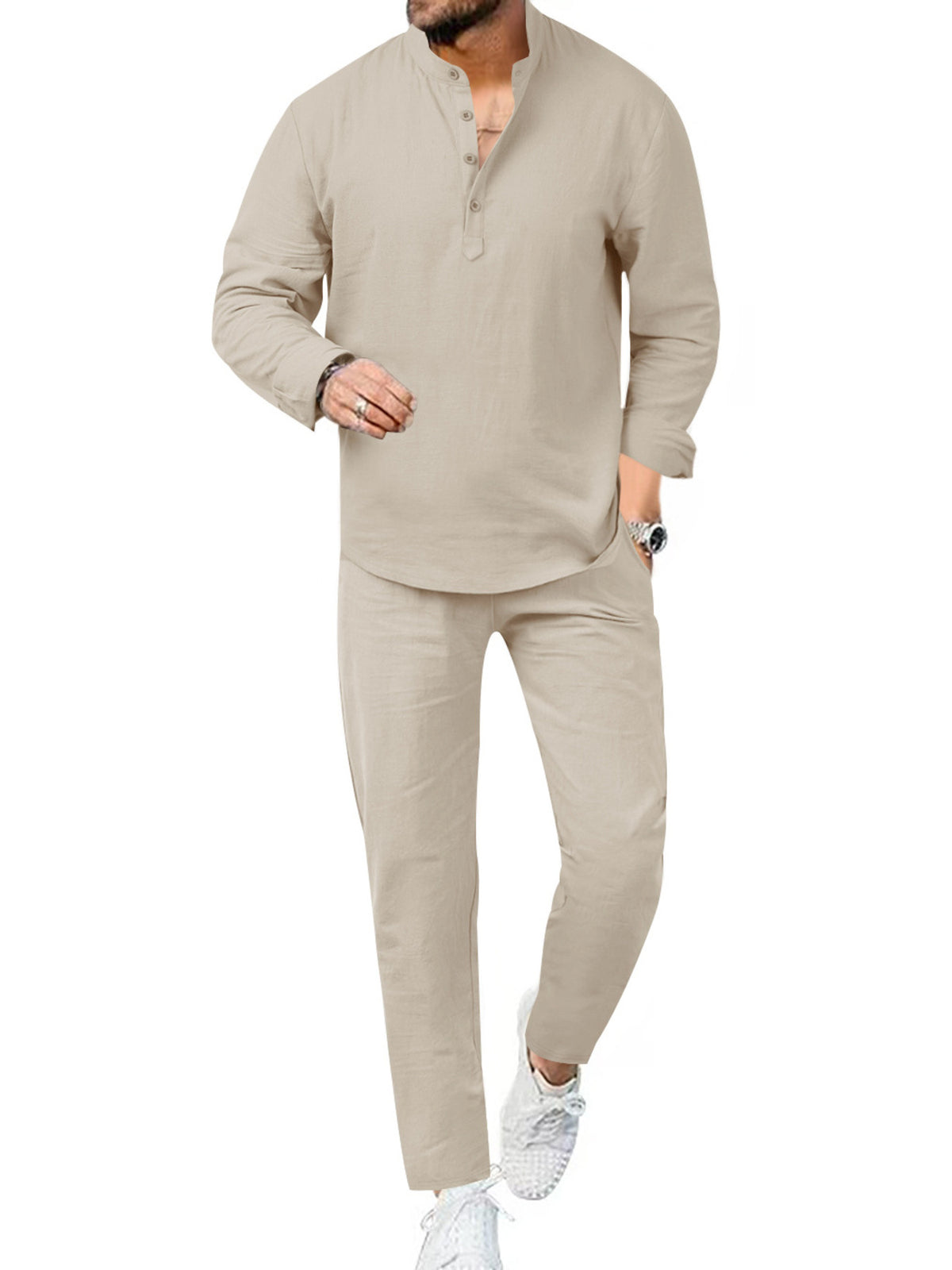 Trendsi men's plus-size beige casual long-sleeve shirt and pants two-piece set