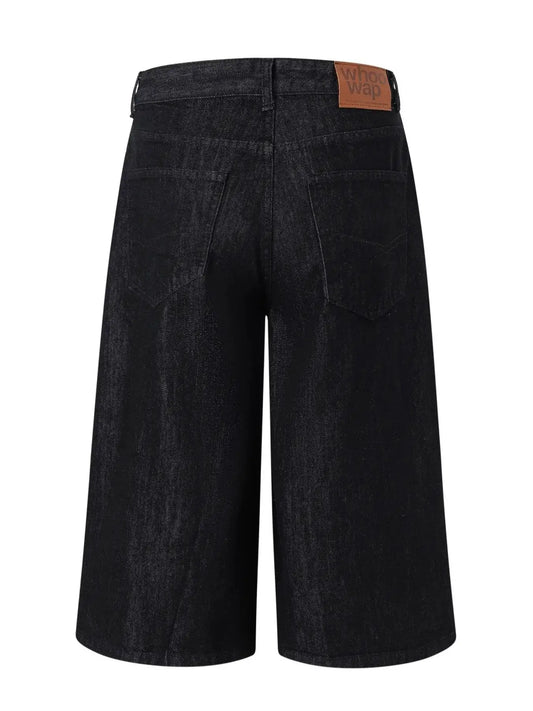 Men's wide-leg denim shorts, black pure cotton with back pockets