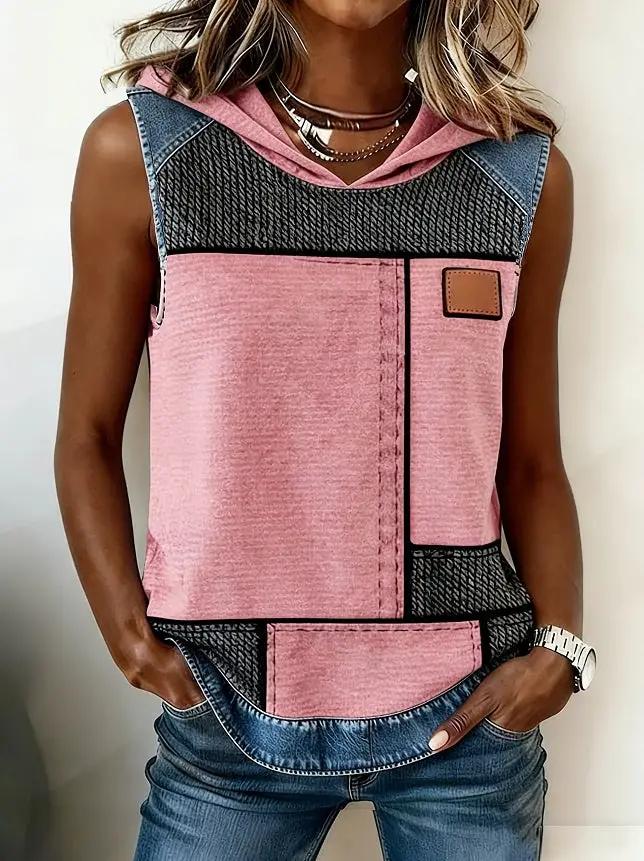 Vintage patchwork denim hooded vest crop top with pink body and blue denim accents, black textured yoke