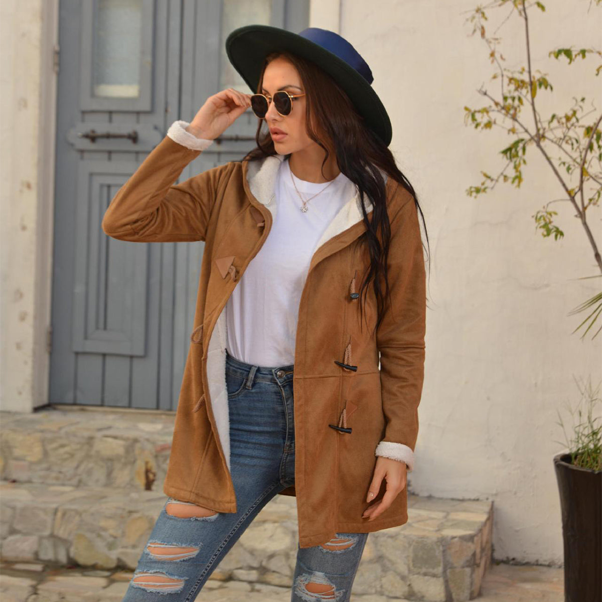 Women's Vintage Winter Coat in tan suede with white sherpa lining