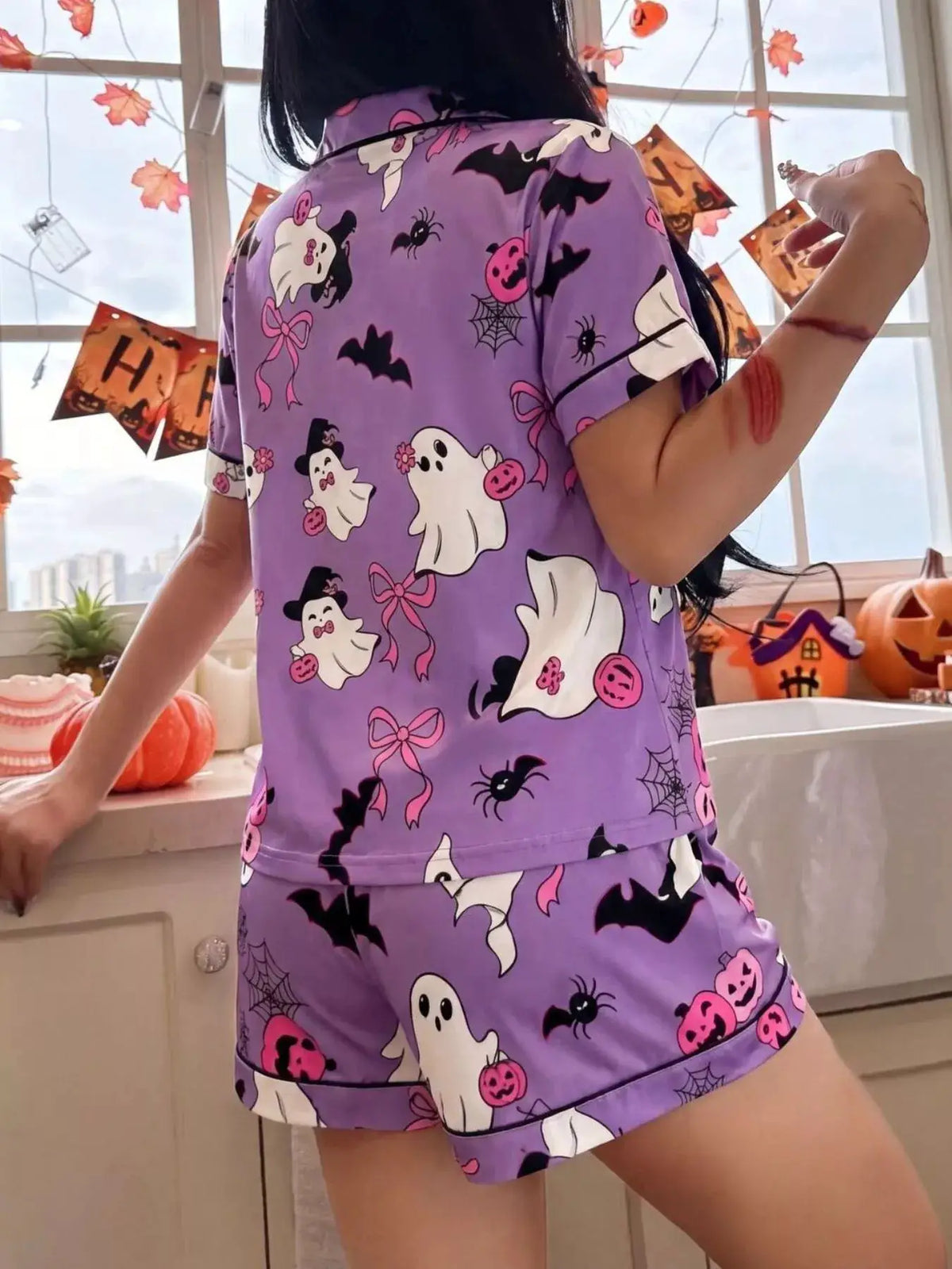 Halloween ghost print 2-piece lavender button-down top and shorts lounge set by Trendsi