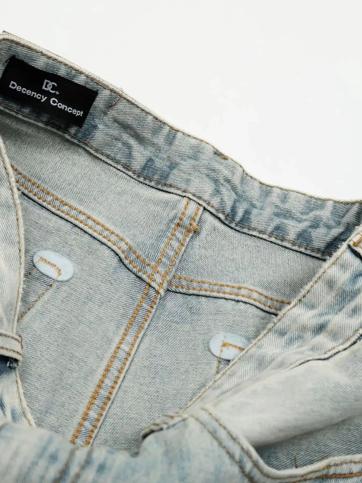 Mens wide-leg light-wash denim shorts, soft cotton, relaxed fit with Decency Concept label
