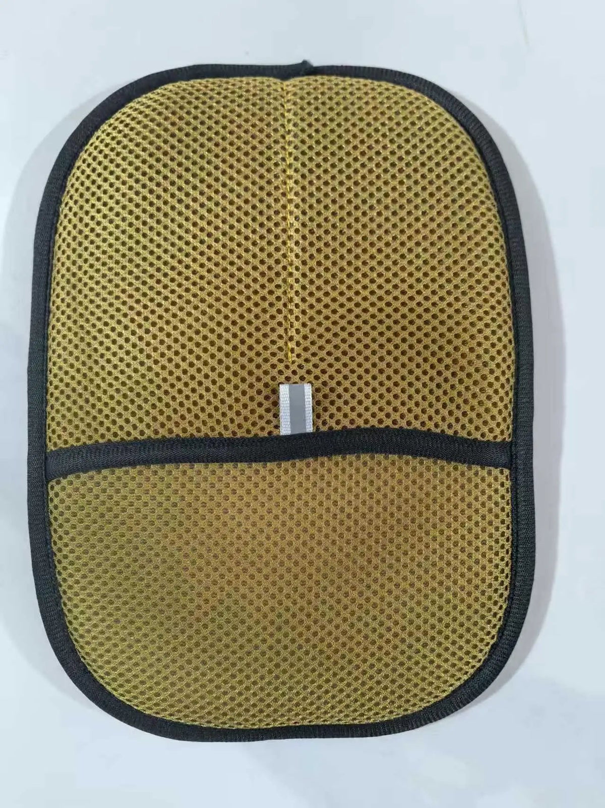 Pet hair remover mitt with yellow mesh fabric and dark trim for deshedding dogs and cats