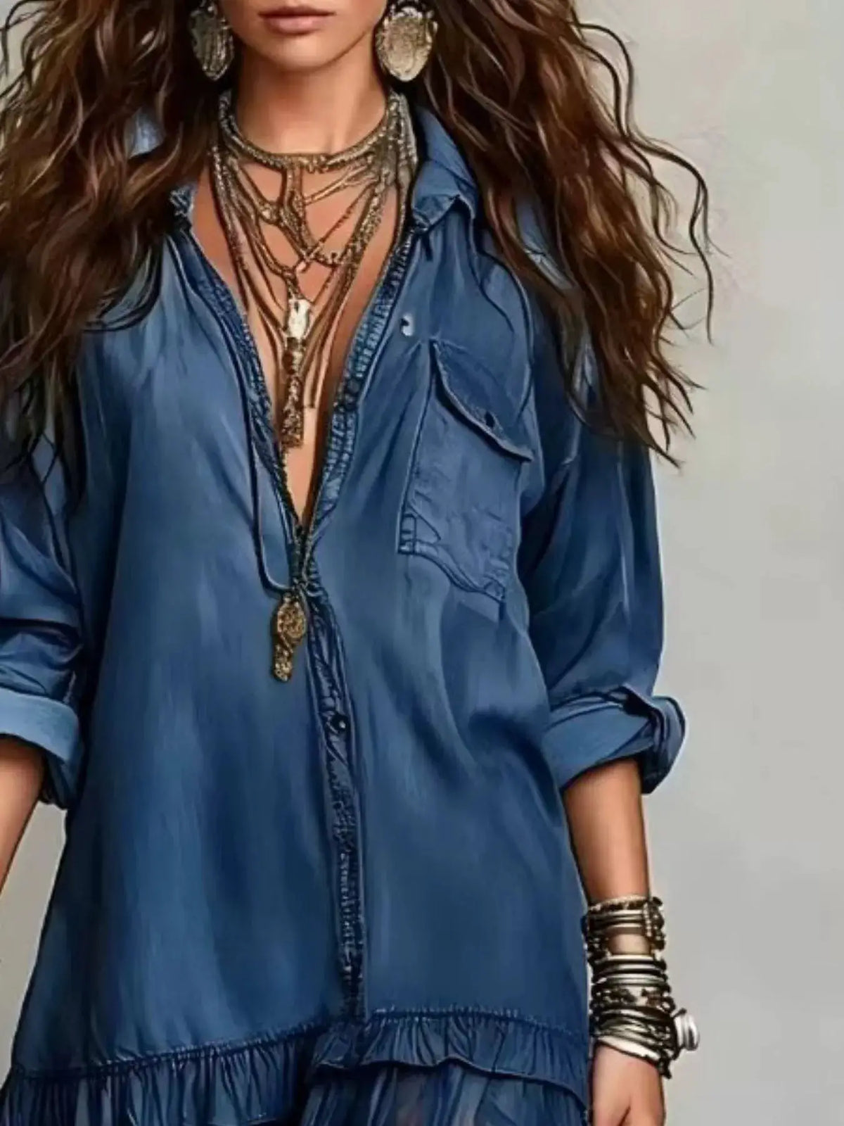 Trendsi blue denim shirt dress, tiered maxi length, long sleeves, plus size